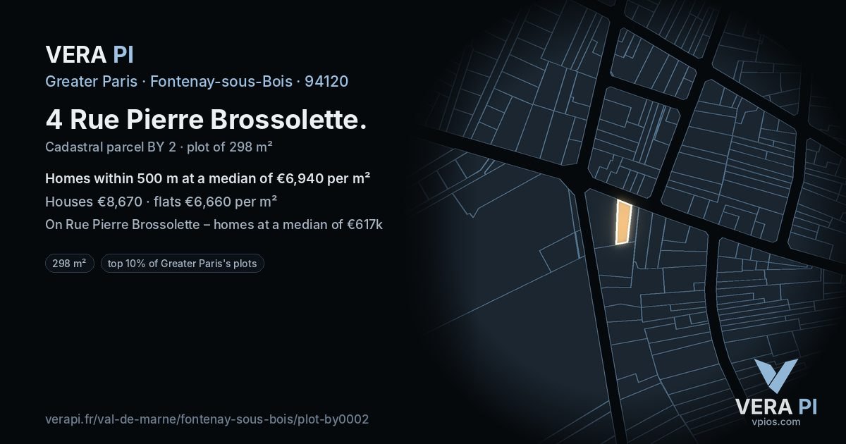 4 Rue Pierre Brossolette, Fontenay-sous-Bois at night – the plot lit, the parcels around coloured by the prices near them