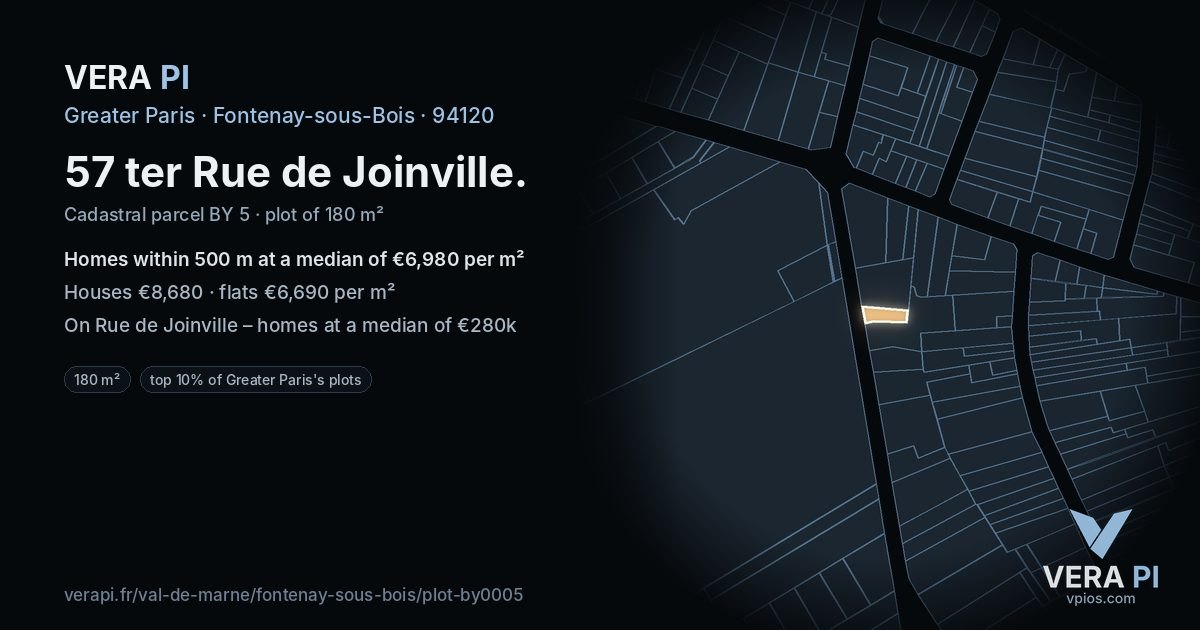 57 ter Rue de Joinville, Fontenay-sous-Bois at night – the plot lit, the parcels around coloured by the prices near them