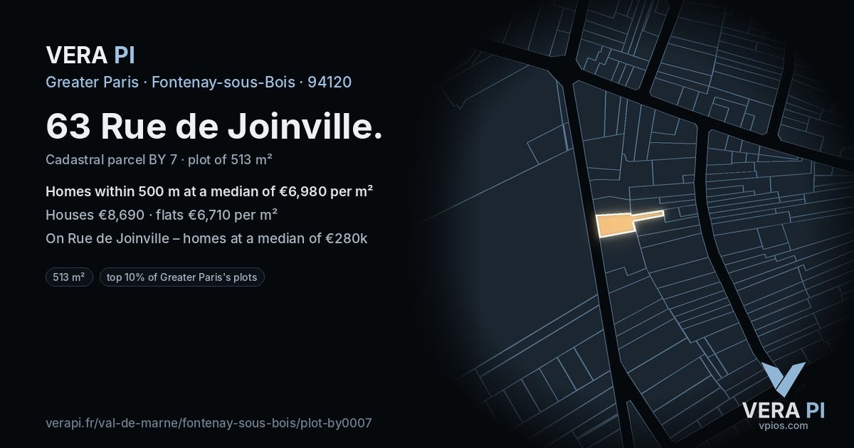 63 Rue de Joinville, Fontenay-sous-Bois at night – the plot lit, the parcels around coloured by the prices near them