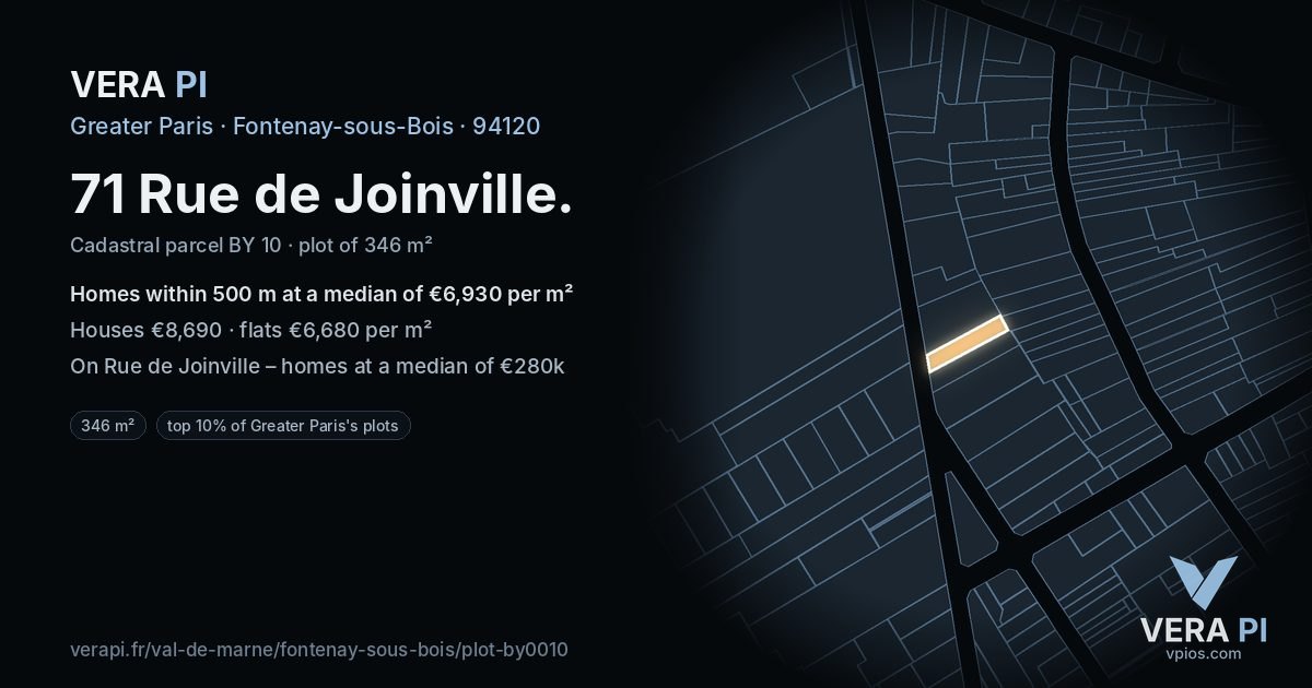 71 Rue de Joinville, Fontenay-sous-Bois at night – the plot lit, the parcels around coloured by the prices near them
