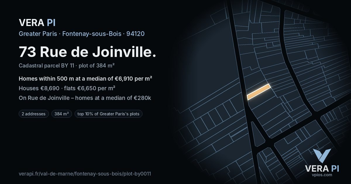 73 Rue de Joinville, Fontenay-sous-Bois at night – the plot lit, the parcels around coloured by the prices near them