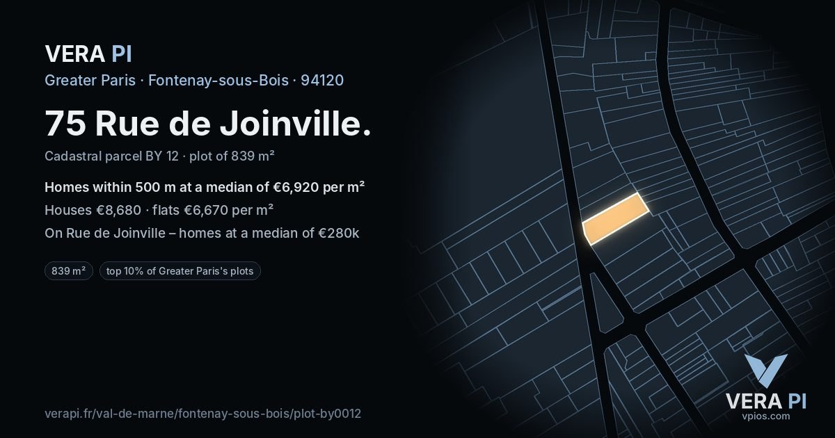 75 Rue de Joinville, Fontenay-sous-Bois at night – the plot lit, the parcels around coloured by the prices near them