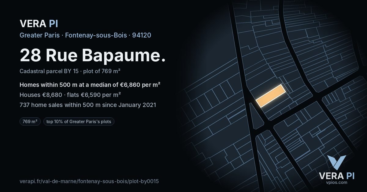 28 Rue Bapaume, Fontenay-sous-Bois at night – the plot lit, the parcels around coloured by the prices near them
