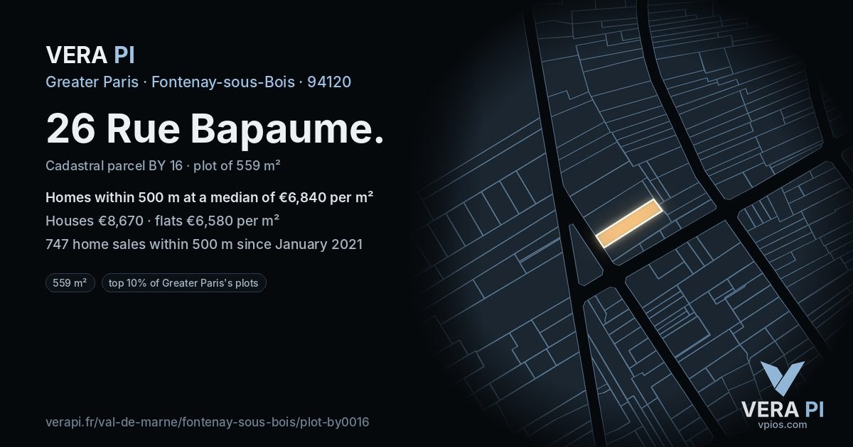 26 Rue Bapaume, Fontenay-sous-Bois at night – the plot lit, the parcels around coloured by the prices near them