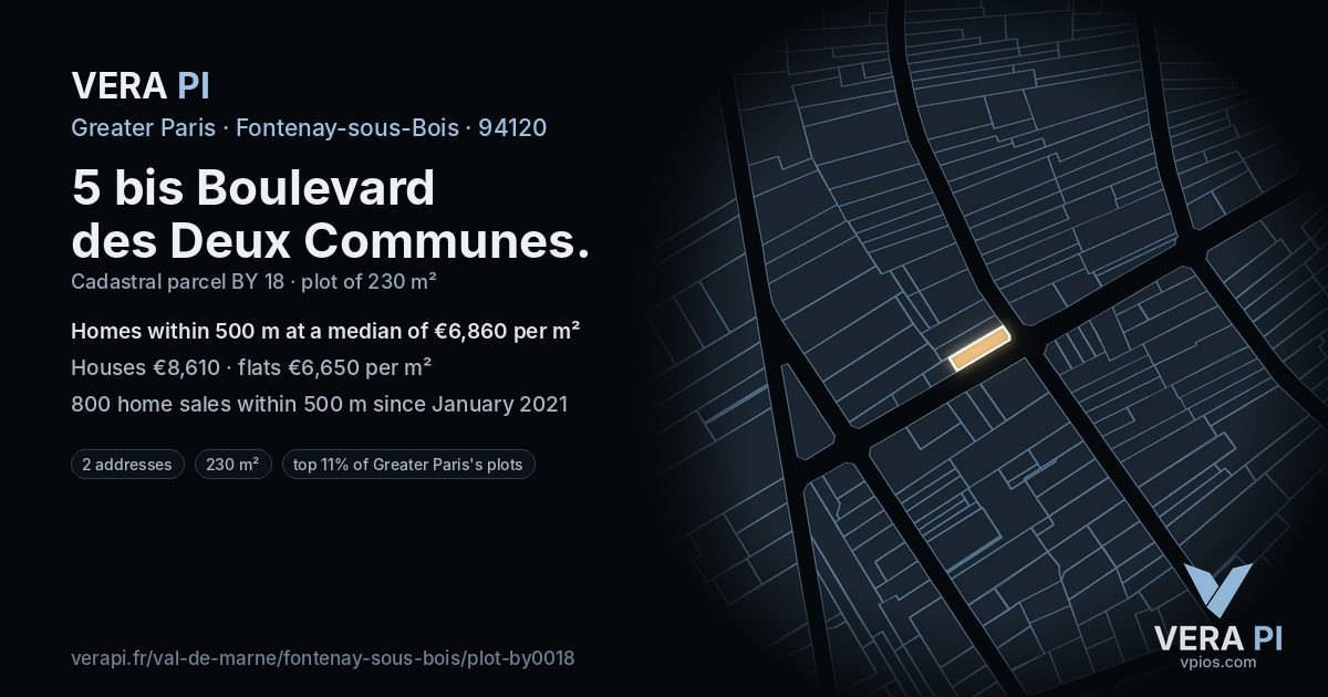 5 bis Boulevard des Deux Communes, Fontenay-sous-Bois at night – the plot lit, the parcels around coloured by the prices near them