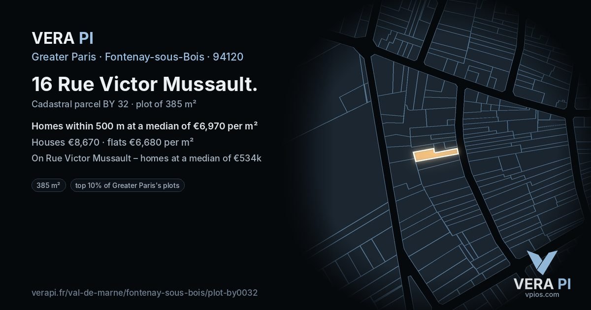 16 Rue Victor Mussault, Fontenay-sous-Bois at night – the plot lit, the parcels around coloured by the prices near them