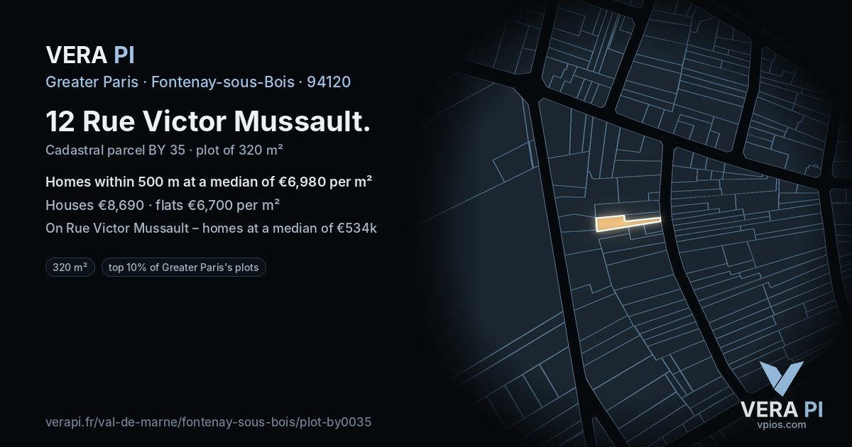 12 Rue Victor Mussault, Fontenay-sous-Bois at night – the plot lit, the parcels around coloured by the prices near them