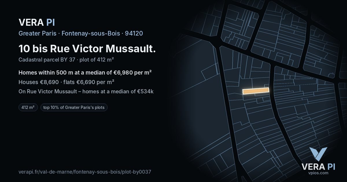 10 bis Rue Victor Mussault, Fontenay-sous-Bois at night – the plot lit, the parcels around coloured by the prices near them