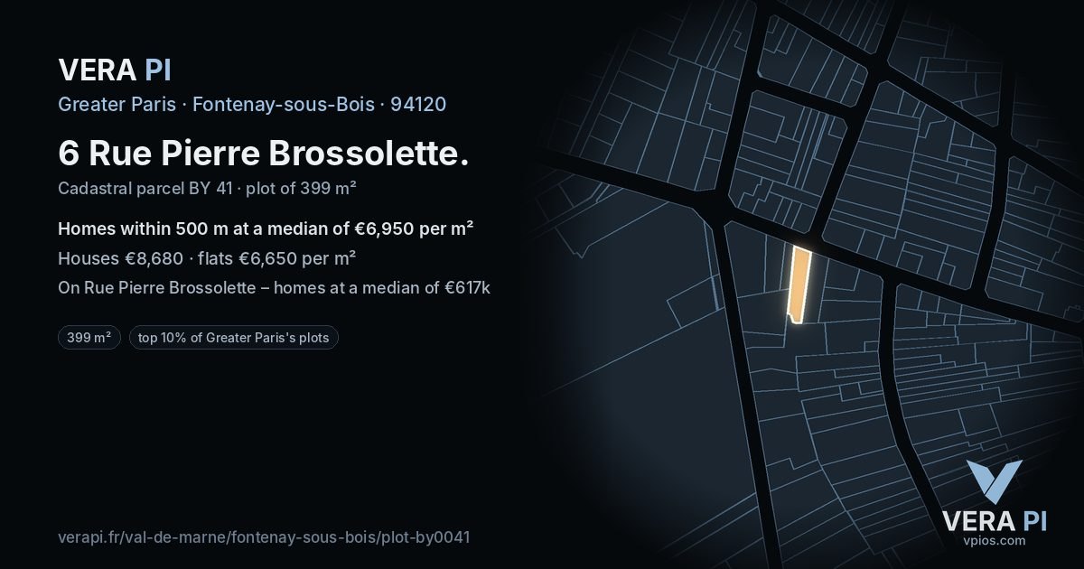 6 Rue Pierre Brossolette, Fontenay-sous-Bois at night – the plot lit, the parcels around coloured by the prices near them