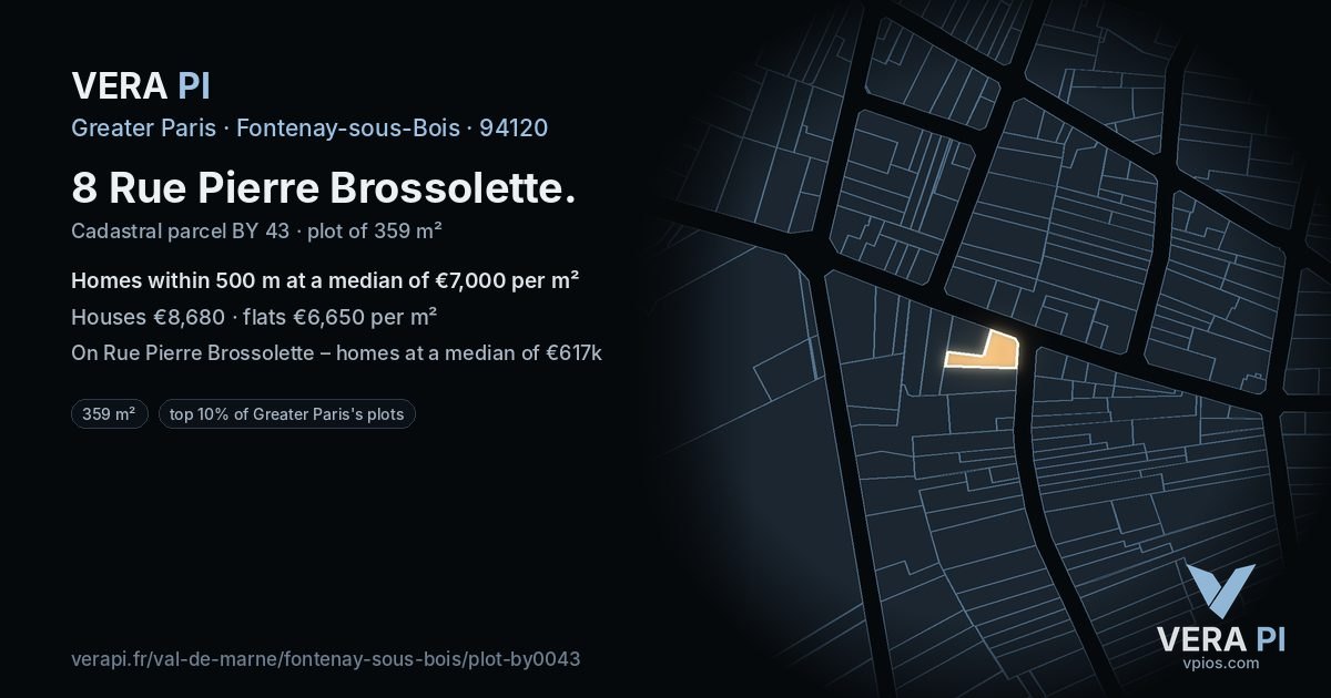 8 Rue Pierre Brossolette, Fontenay-sous-Bois at night – the plot lit, the parcels around coloured by the prices near them