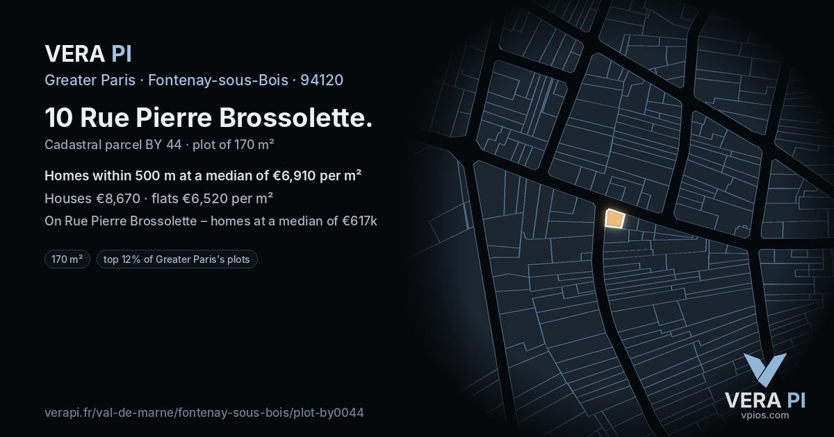 10 Rue Pierre Brossolette, Fontenay-sous-Bois at night – the plot lit, the parcels around coloured by the prices near them