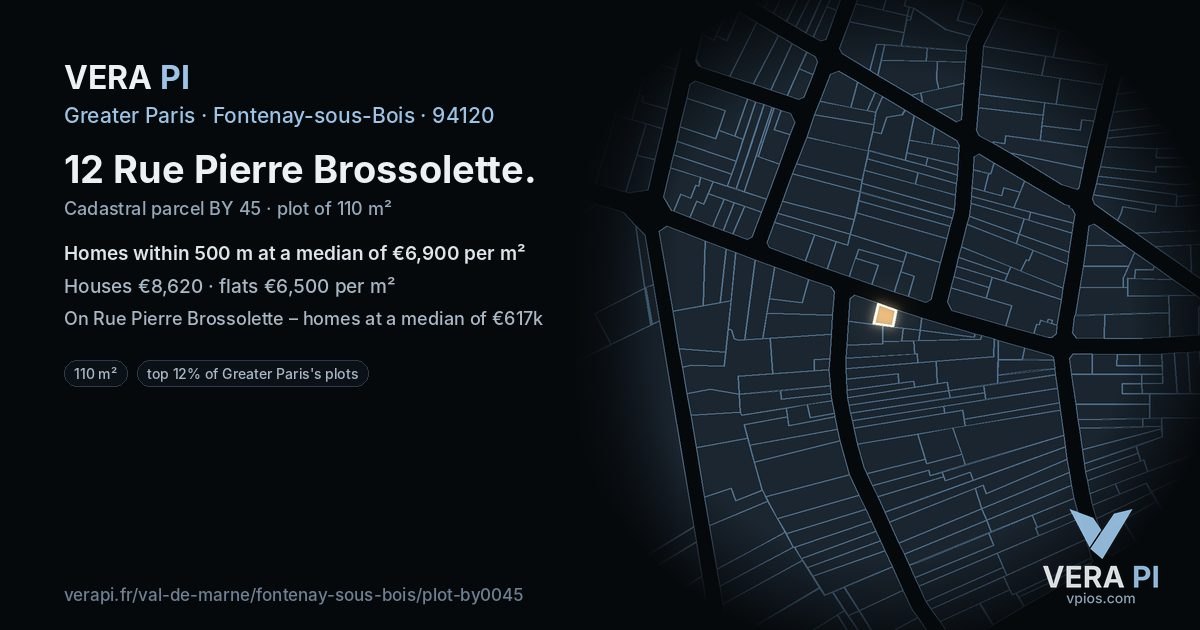 12 Rue Pierre Brossolette, Fontenay-sous-Bois at night – the plot lit, the parcels around coloured by the prices near them