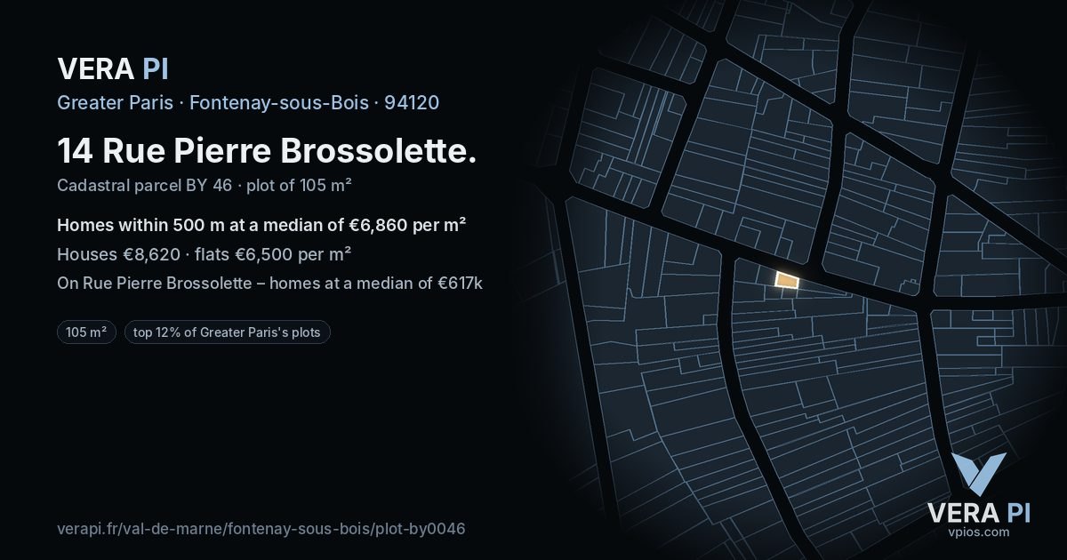 14 Rue Pierre Brossolette, Fontenay-sous-Bois at night – the plot lit, the parcels around coloured by the prices near them