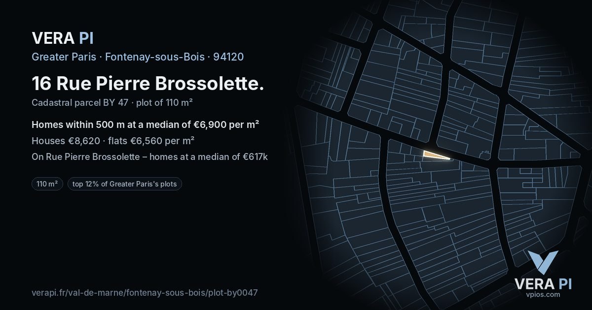 16 Rue Pierre Brossolette, Fontenay-sous-Bois at night – the plot lit, the parcels around coloured by the prices near them
