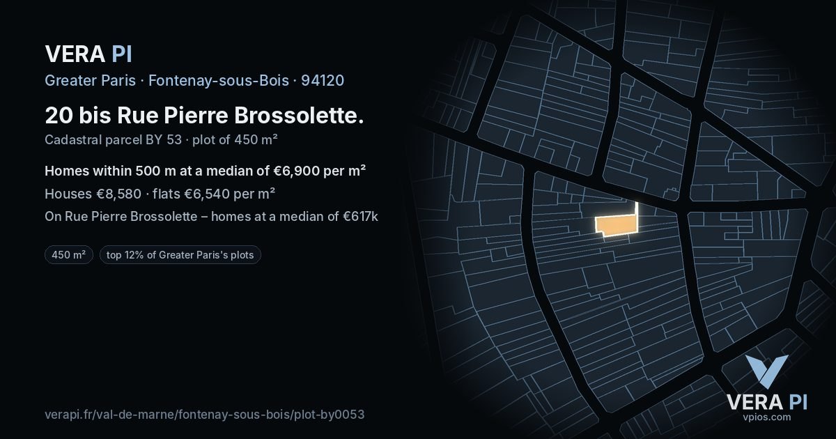 20 bis Rue Pierre Brossolette, Fontenay-sous-Bois at night – the plot lit, the parcels around coloured by the prices near them
