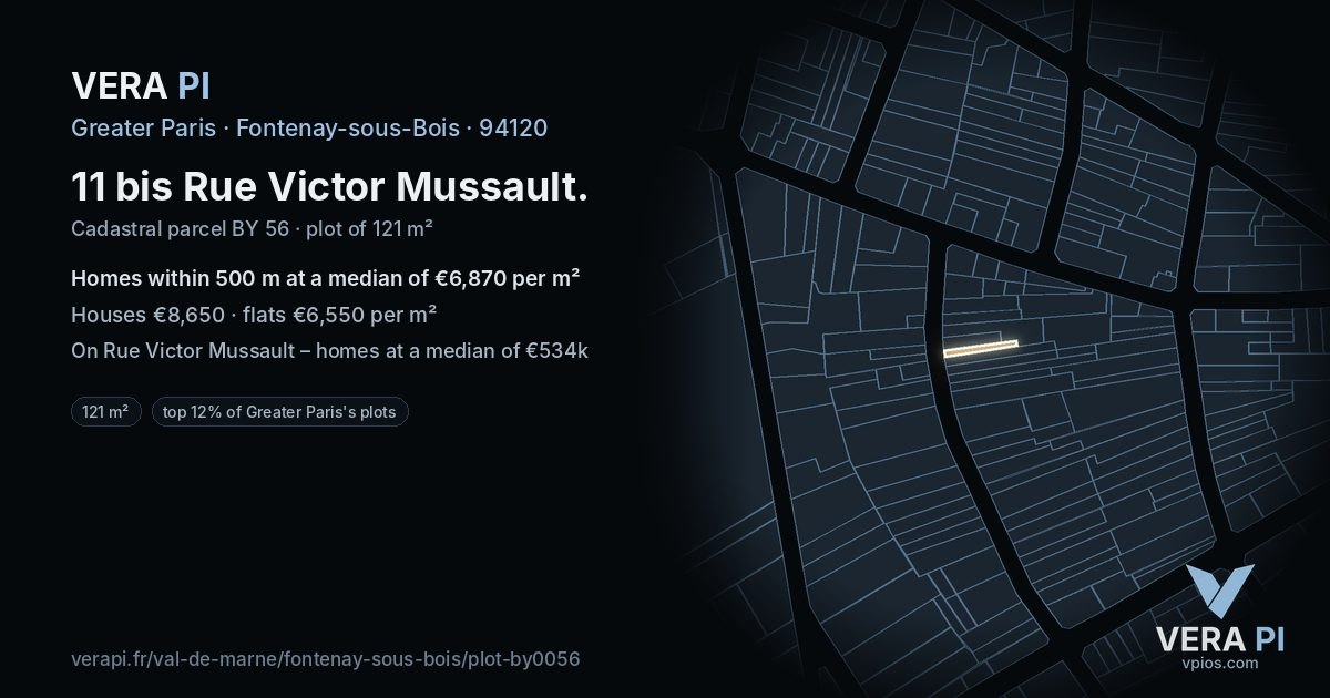 11 bis Rue Victor Mussault, Fontenay-sous-Bois at night – the plot lit, the parcels around coloured by the prices near them