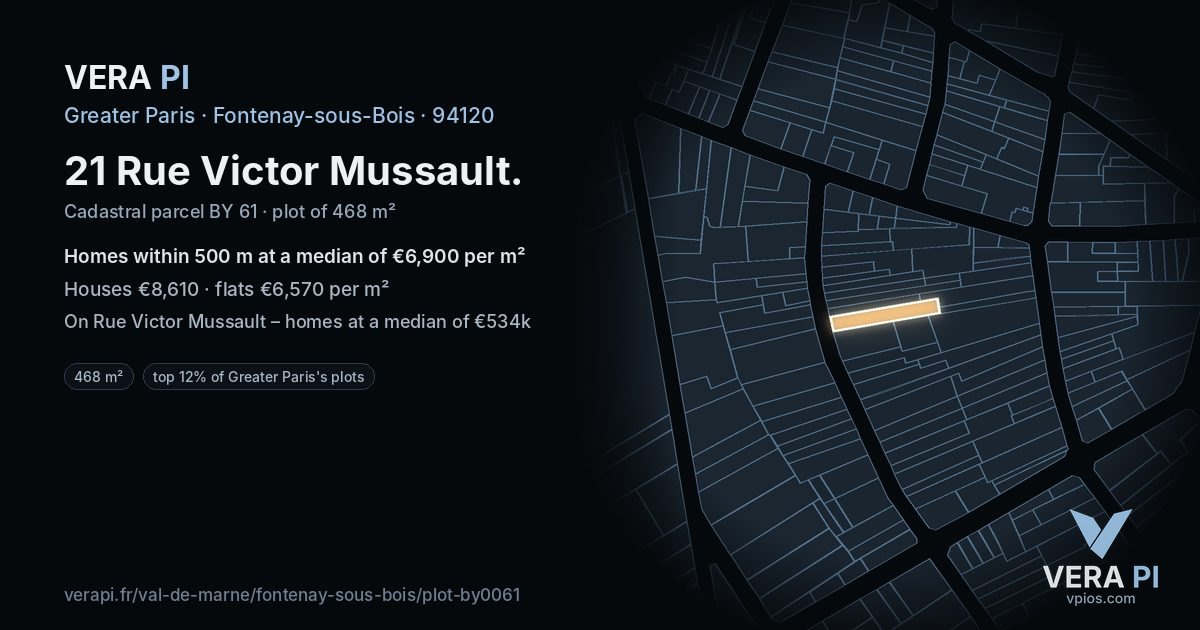 21 Rue Victor Mussault, Fontenay-sous-Bois at night – the plot lit, the parcels around coloured by the prices near them