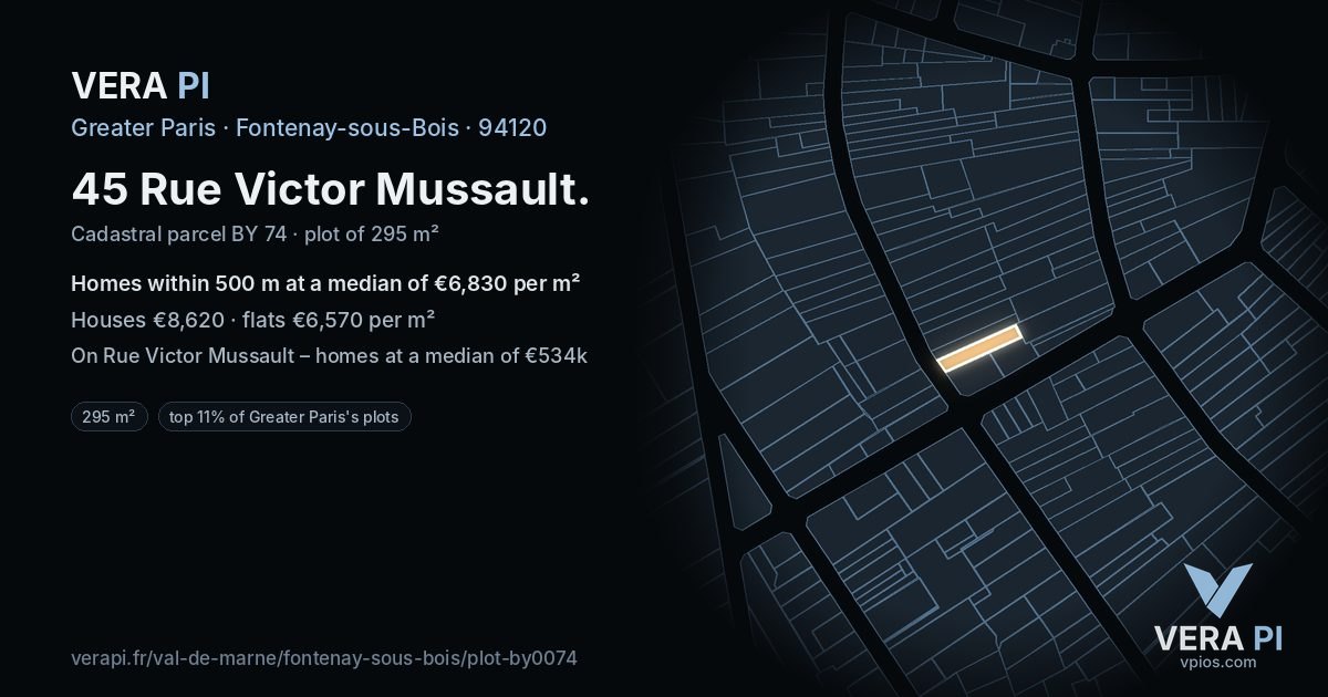 45 Rue Victor Mussault, Fontenay-sous-Bois at night – the plot lit, the parcels around coloured by the prices near them