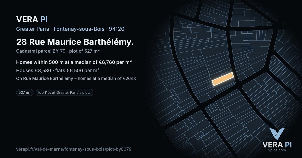 28 Rue Maurice Barthélémy, Fontenay-sous-Bois at night – the plot lit, the parcels around coloured by the prices near them