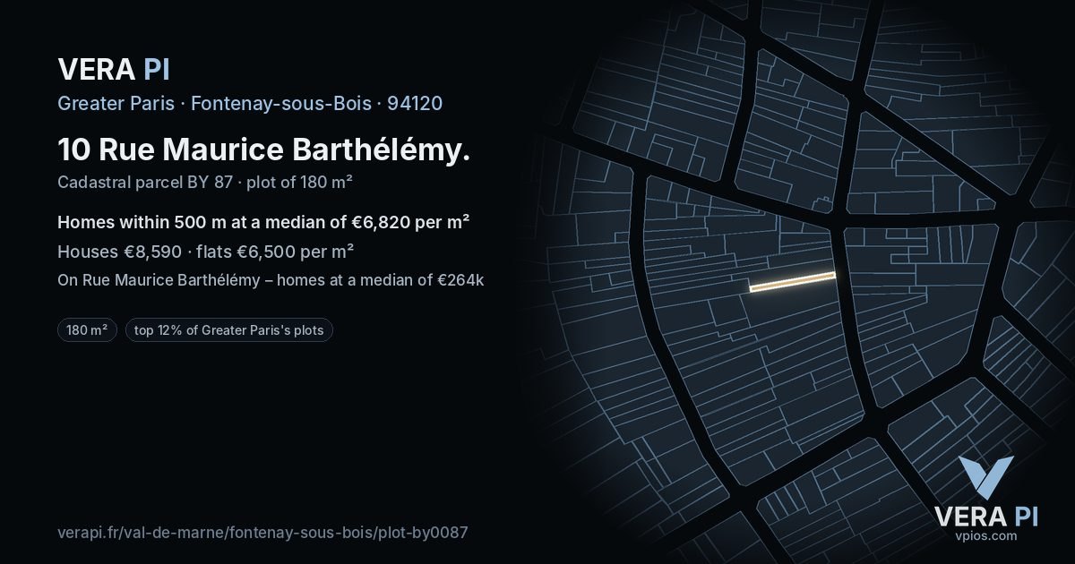 10 Rue Maurice Barthélémy, Fontenay-sous-Bois at night – the plot lit, the parcels around coloured by the prices near them