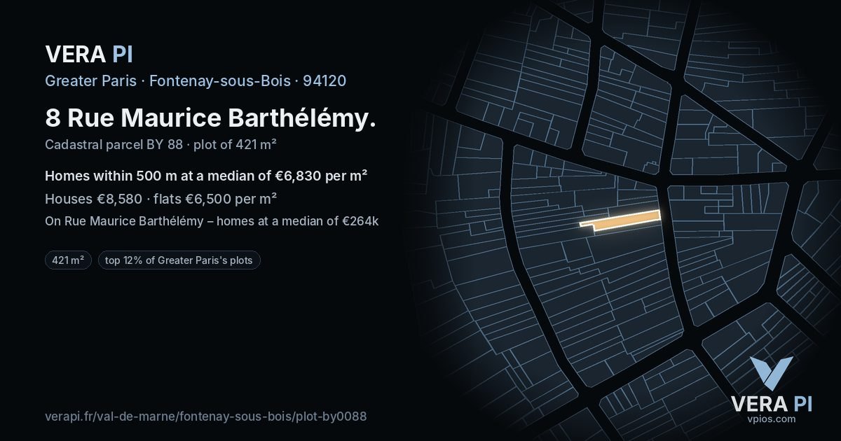 8 Rue Maurice Barthélémy, Fontenay-sous-Bois at night – the plot lit, the parcels around coloured by the prices near them