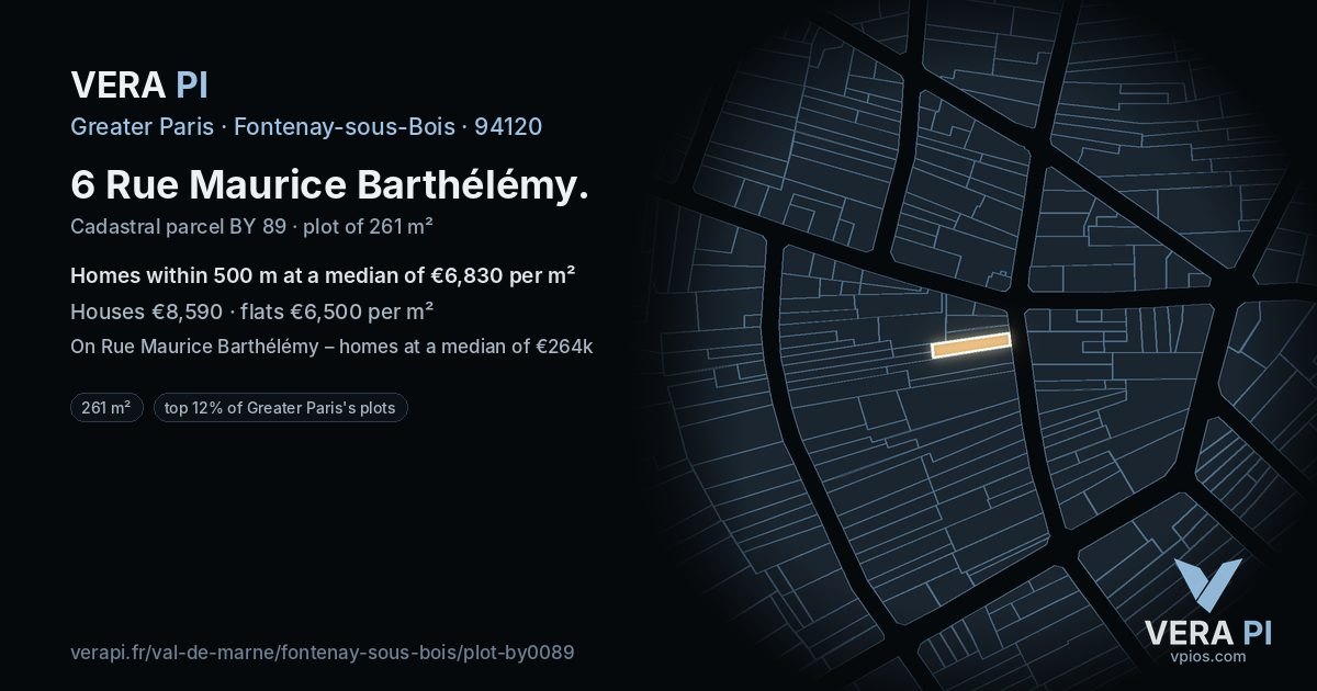 6 Rue Maurice Barthélémy, Fontenay-sous-Bois at night – the plot lit, the parcels around coloured by the prices near them