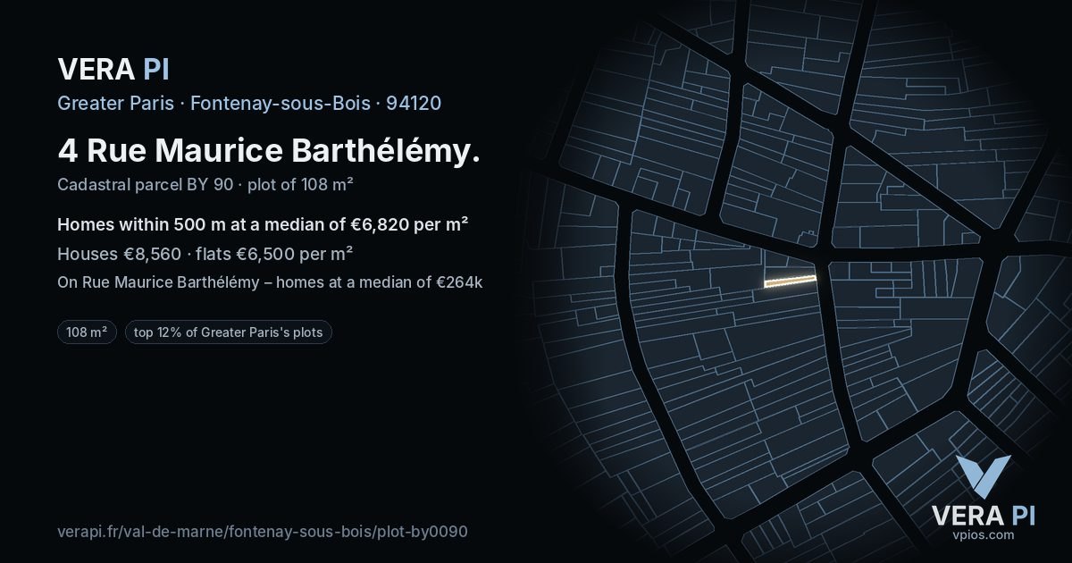 4 Rue Maurice Barthélémy, Fontenay-sous-Bois at night – the plot lit, the parcels around coloured by the prices near them