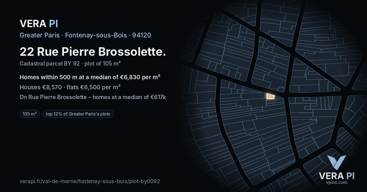 22 Rue Pierre Brossolette, Fontenay-sous-Bois at night – the plot lit, the parcels around coloured by the prices near them