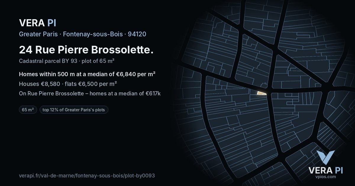 24 Rue Pierre Brossolette, Fontenay-sous-Bois at night – the plot lit, the parcels around coloured by the prices near them