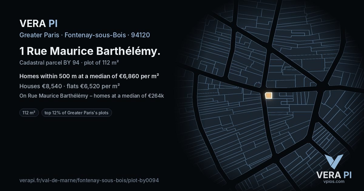 1 Rue Maurice Barthélémy, Fontenay-sous-Bois at night – the plot lit, the parcels around coloured by the prices near them