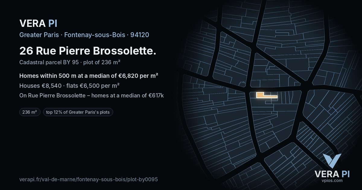 26 Rue Pierre Brossolette, Fontenay-sous-Bois at night – the plot lit, the parcels around coloured by the prices near them