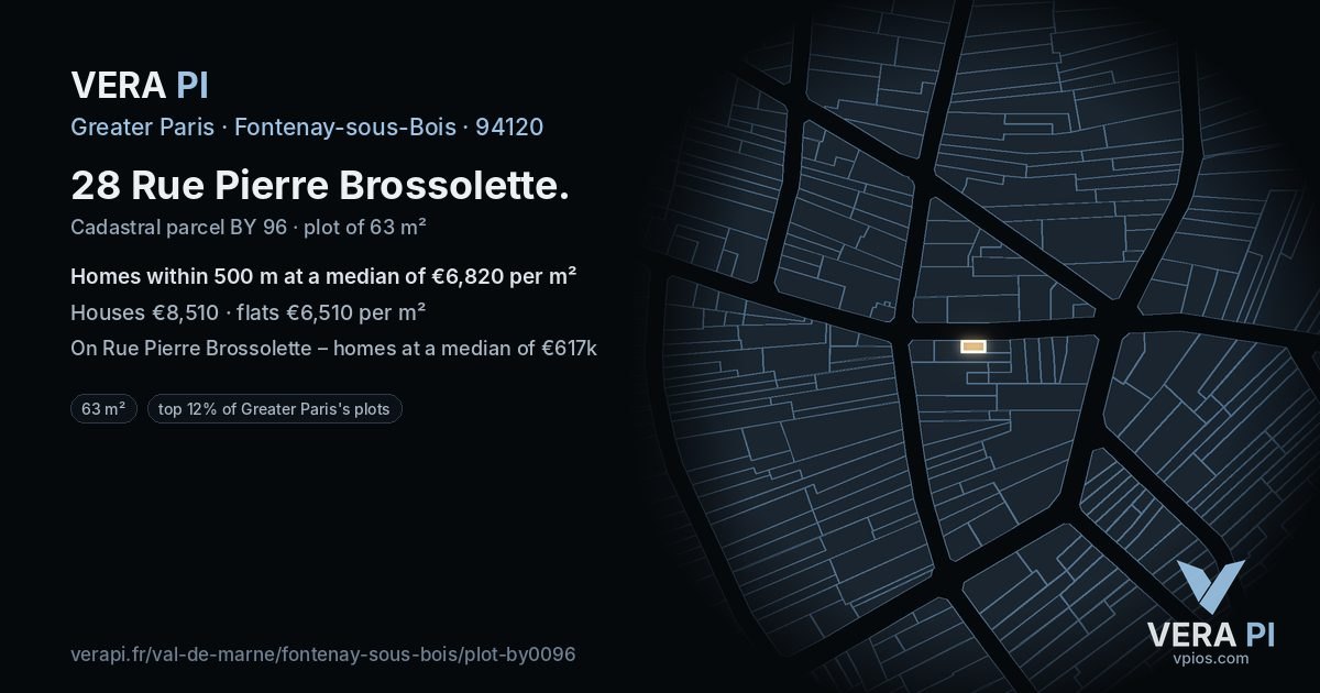 28 Rue Pierre Brossolette, Fontenay-sous-Bois at night – the plot lit, the parcels around coloured by the prices near them