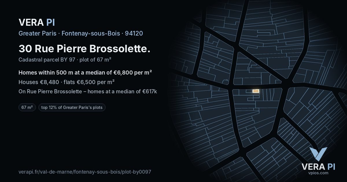 30 Rue Pierre Brossolette, Fontenay-sous-Bois at night – the plot lit, the parcels around coloured by the prices near them