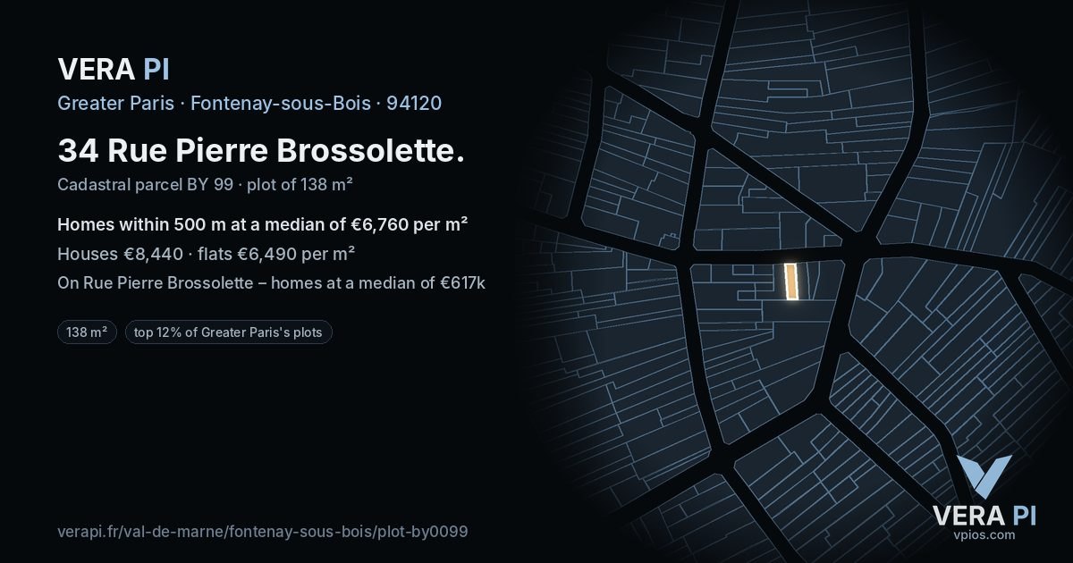 34 Rue Pierre Brossolette, Fontenay-sous-Bois at night – the plot lit, the parcels around coloured by the prices near them
