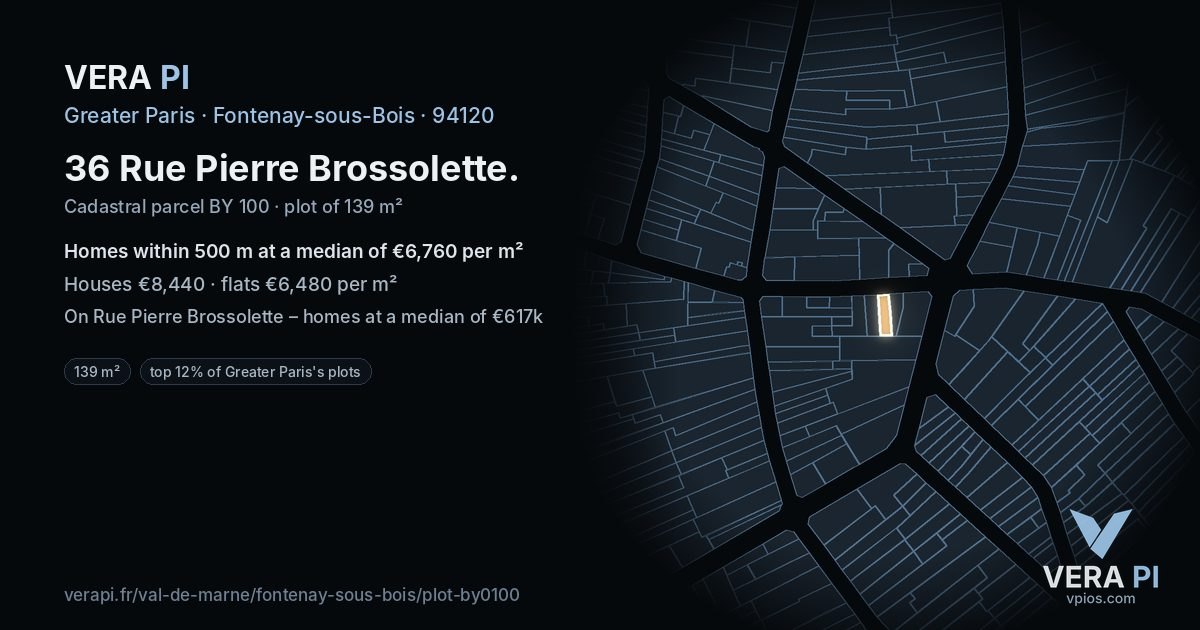 36 Rue Pierre Brossolette, Fontenay-sous-Bois at night – the plot lit, the parcels around coloured by the prices near them