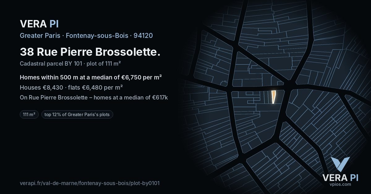 38 Rue Pierre Brossolette, Fontenay-sous-Bois at night – the plot lit, the parcels around coloured by the prices near them
