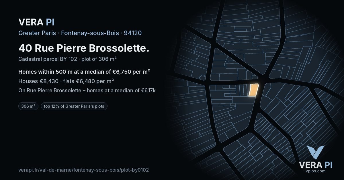 40 Rue Pierre Brossolette, Fontenay-sous-Bois at night – the plot lit, the parcels around coloured by the prices near them