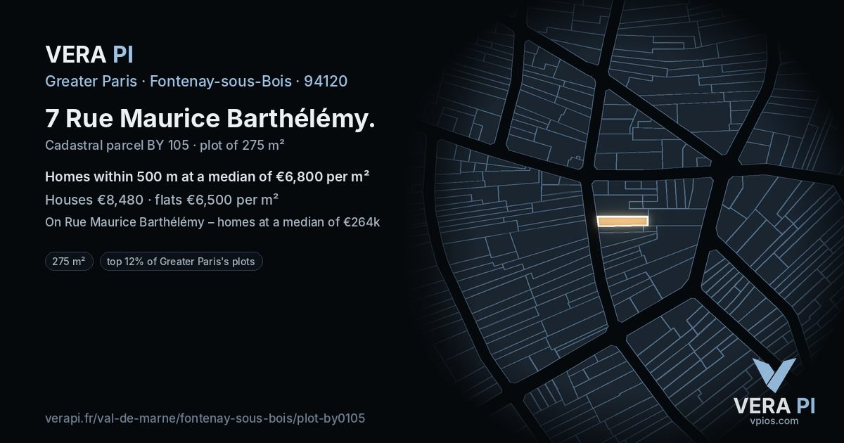 7 Rue Maurice Barthélémy, Fontenay-sous-Bois at night – the plot lit, the parcels around coloured by the prices near them