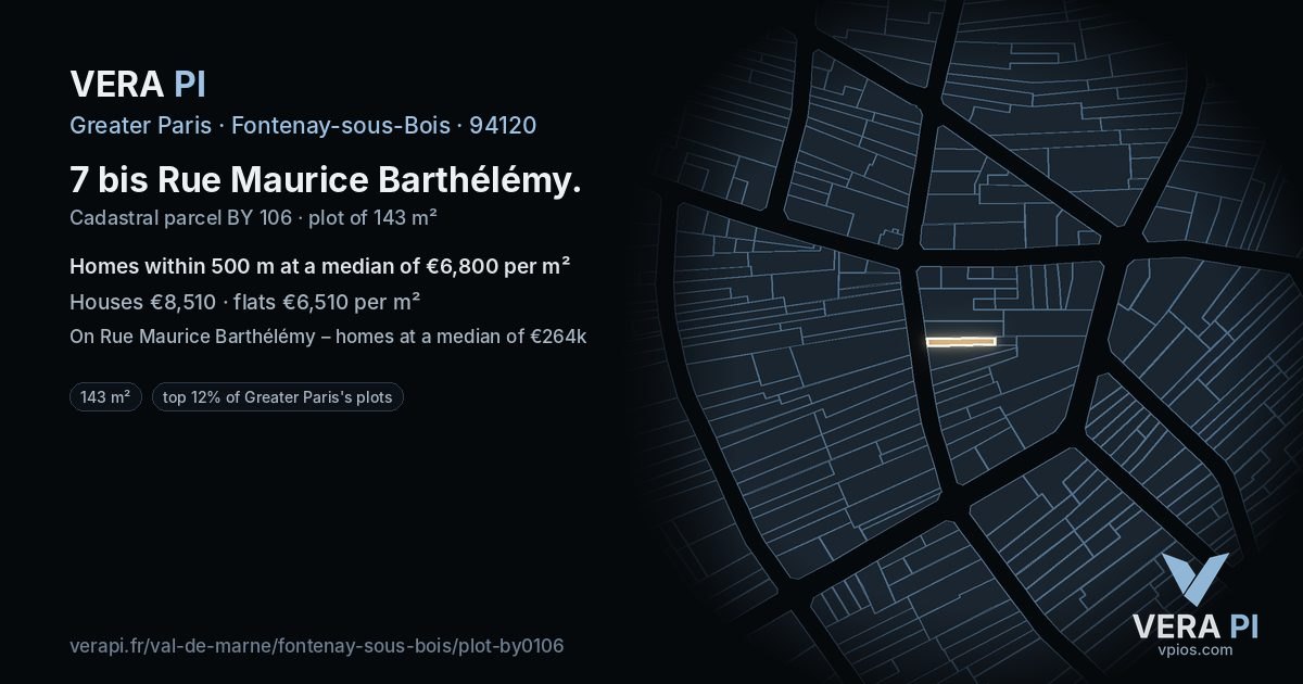 7 bis Rue Maurice Barthélémy, Fontenay-sous-Bois at night – the plot lit, the parcels around coloured by the prices near them
