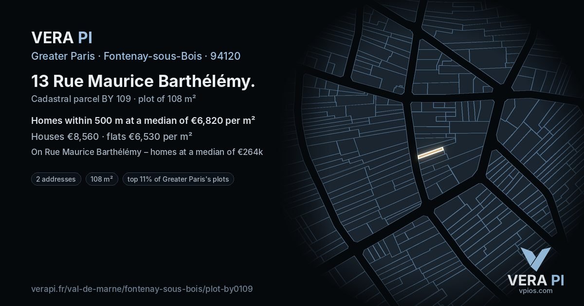 13 Rue Maurice Barthélémy, Fontenay-sous-Bois at night – the plot lit, the parcels around coloured by the prices near them