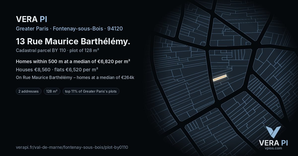 13 Rue Maurice Barthélémy, Fontenay-sous-Bois at night – the plot lit, the parcels around coloured by the prices near them