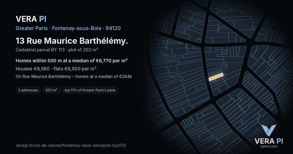13 Rue Maurice Barthélémy, Fontenay-sous-Bois at night – the plot lit, the parcels around coloured by the prices near them