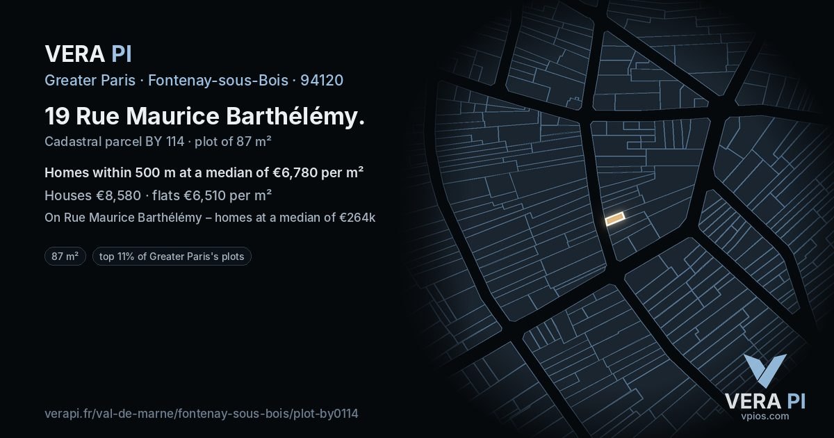 19 Rue Maurice Barthélémy, Fontenay-sous-Bois at night – the plot lit, the parcels around coloured by the prices near them