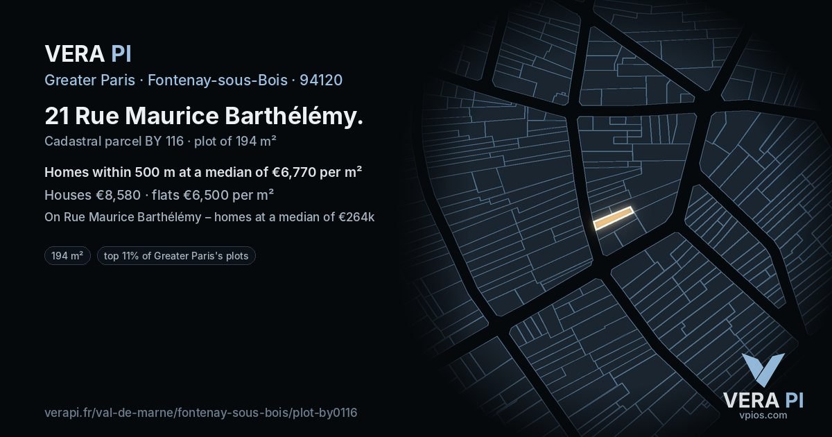 21 Rue Maurice Barthélémy, Fontenay-sous-Bois at night – the plot lit, the parcels around coloured by the prices near them