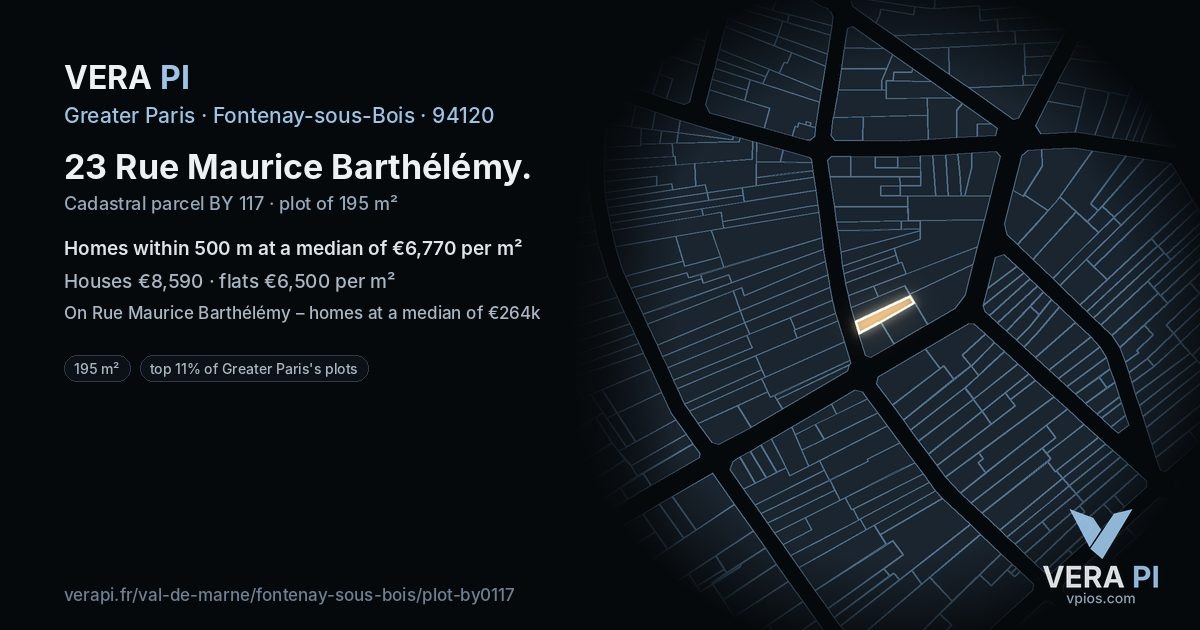 23 Rue Maurice Barthélémy, Fontenay-sous-Bois at night – the plot lit, the parcels around coloured by the prices near them