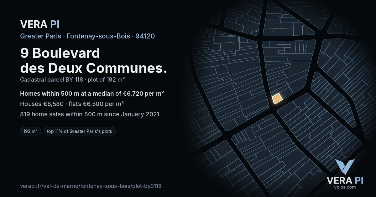 9 Boulevard des Deux Communes, Fontenay-sous-Bois at night – the plot lit, the parcels around coloured by the prices near them