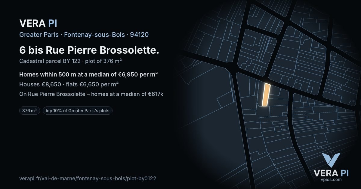 6 bis Rue Pierre Brossolette, Fontenay-sous-Bois at night – the plot lit, the parcels around coloured by the prices near them