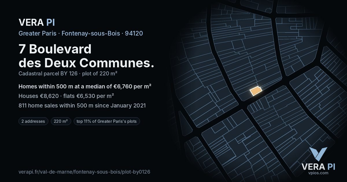 7 Boulevard des Deux Communes, Fontenay-sous-Bois at night – the plot lit, the parcels around coloured by the prices near them