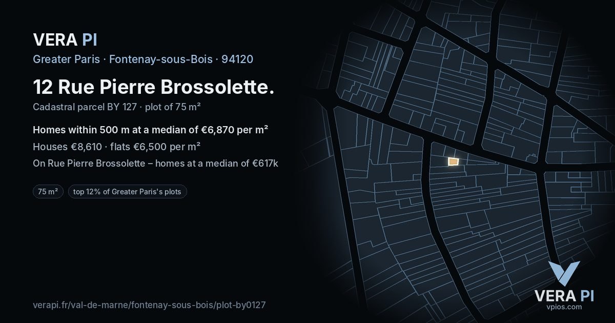12 Rue Pierre Brossolette, Fontenay-sous-Bois at night – the plot lit, the parcels around coloured by the prices near them