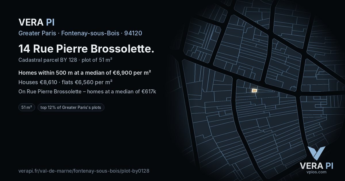 14 Rue Pierre Brossolette, Fontenay-sous-Bois at night – the plot lit, the parcels around coloured by the prices near them